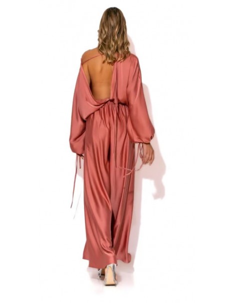 Long satin jumpsuit with rhinestone buttons