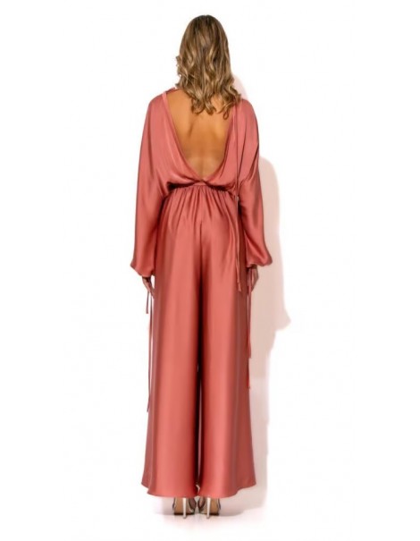 Long satin jumpsuit with rhinestone buttons