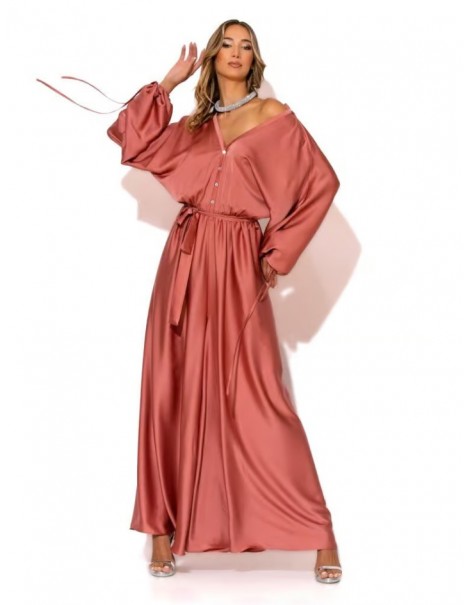 Long satin jumpsuit with rhinestone buttons