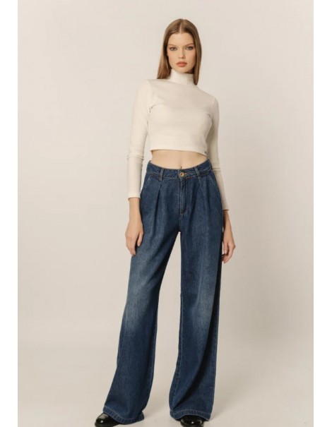 Kaya Women's High Waisted Palazzo Jeans - Μπλέ Σκούρο