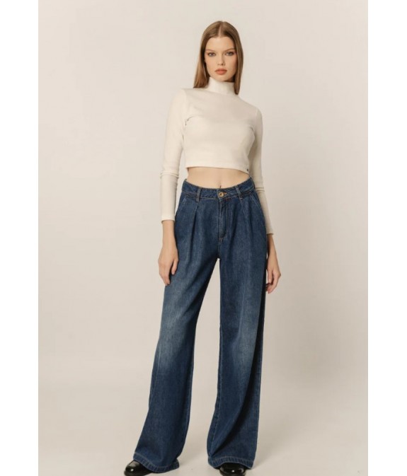 Kaya Women's High Waisted Palazzo Jeans - Μπλέ Σκούρο