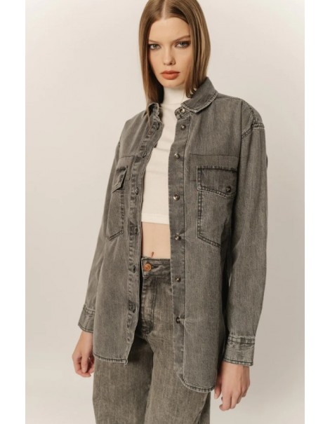 Jena Women's Gray Wide Line Denim Shirt