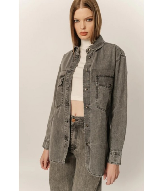 Jena Women's Gray Wide Line Denim Shirt