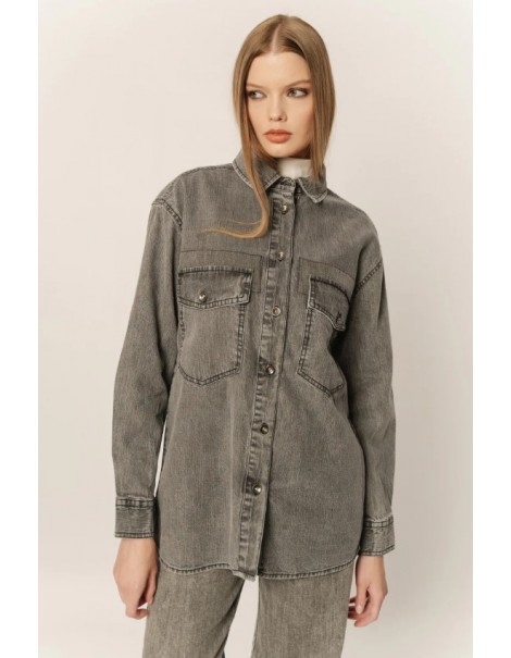 Jena Women's Gray Wide Line Denim Shirt