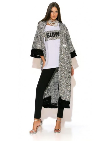 Sequined Fringe Knitted Kimono