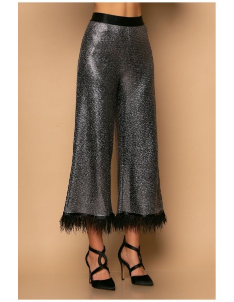 CROPPED LUREX PANTS SILVER WITH TREES - Gold Tone